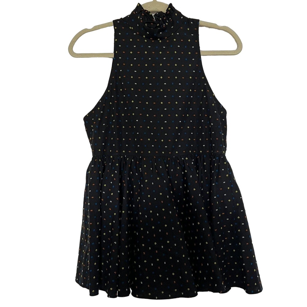 Caroline Constas Black Embroidered High Ruffled Collar Sleeveless Peplum Top - M